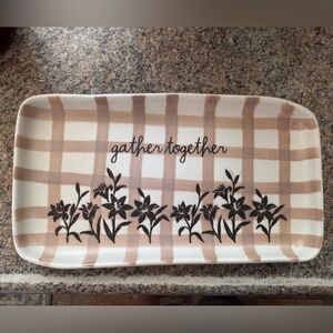 Rae Dunn Gather Together Plaid Ceramic Serving Tray with Floral Design